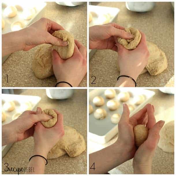 four step by step images showing how to roll a bun