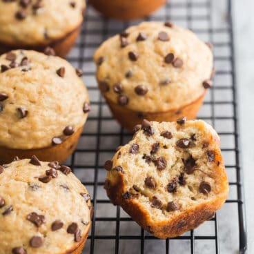 banana chocolate chip muffins on wire rack