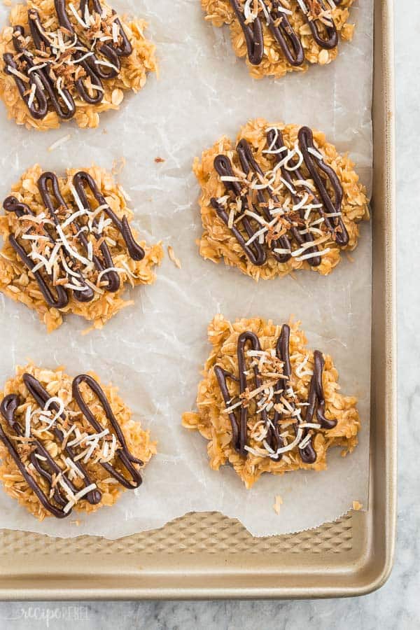 no bake samoa cookies overhead with chocolate drizzle and toasted coconut