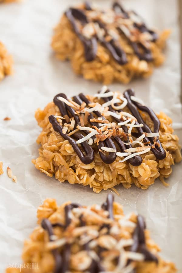 no bake cookies samoa style up close with chocolate drizzle and toasted coconut