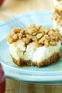 Mini Fruit Crisp Cheesecakes: Mini cheesecakes topped with apples, peaches, or other fruit and crunchy streusel: one of my favorite fall recipes and cheesecake combined! www.thereciperebel.com