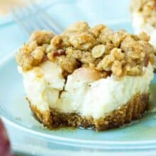 Mini Fruit Crisp Cheesecakes: Mini cheesecakes topped with apples, peaches, or other fruit and crunchy streusel: one of my favorite fall recipes and cheesecake combined! www.thereciperebel.com