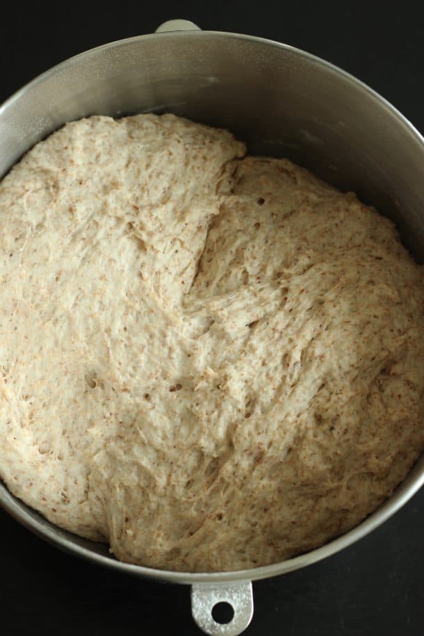 whole wheat pizza dough in bowl of stand mixer