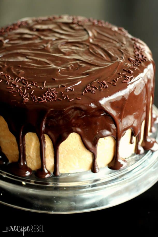 whole chocolate peanut butter cake with peanut butter frosting and chocolate ganache