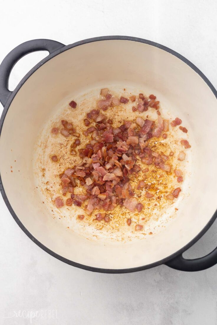 chopped bacon cooking in a large pot.