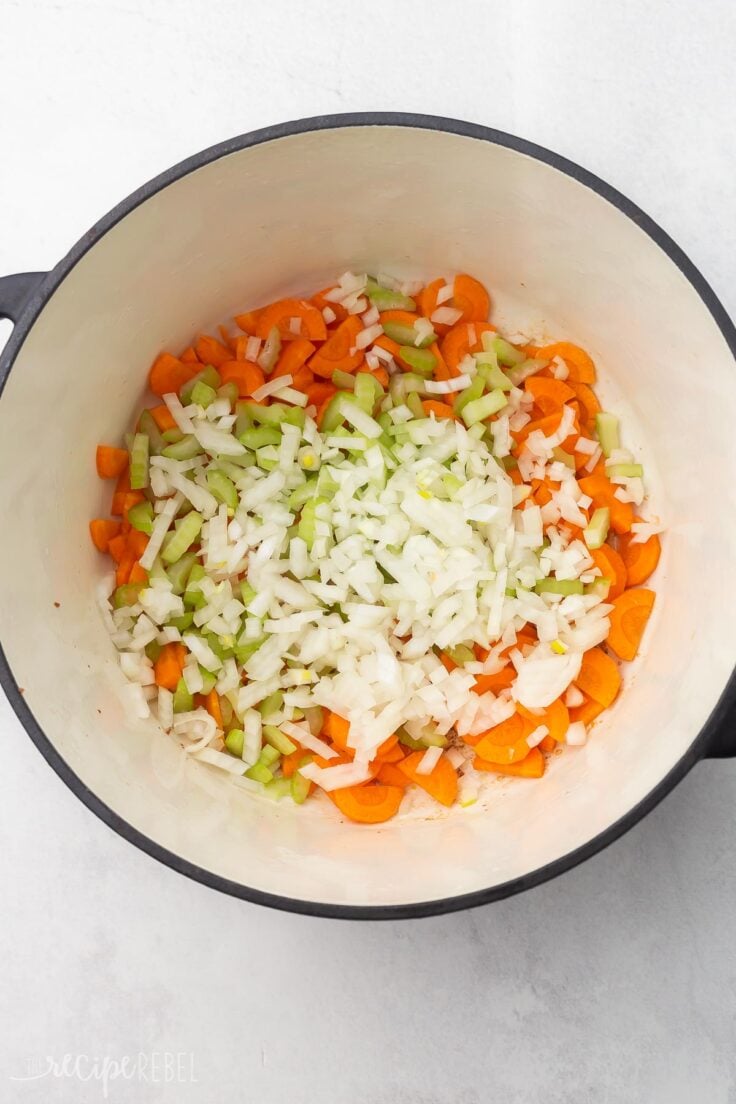 carrots onion and celery added to soup pot.