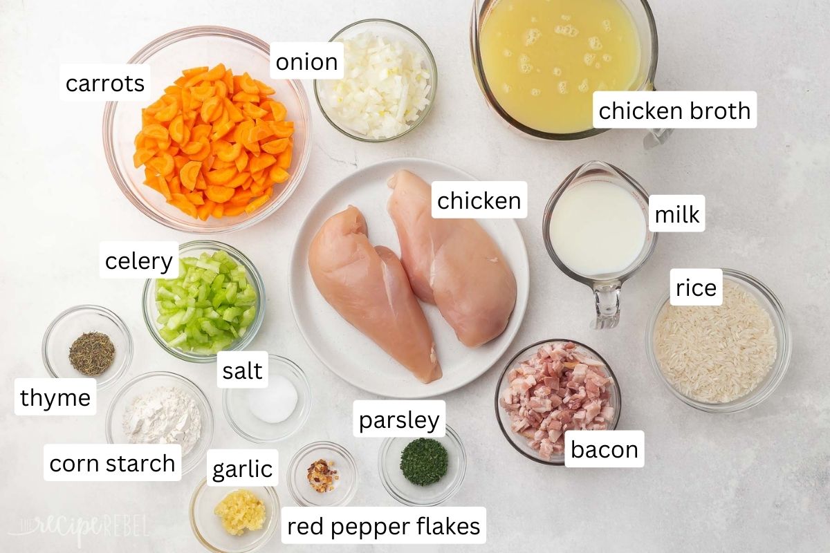 ingredients needed for chicken bacon rice soup.