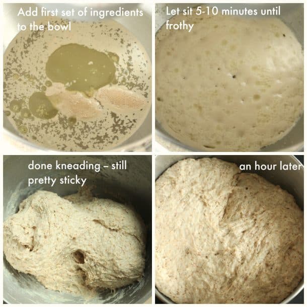 step by step images of pizza dough including proofing yeast