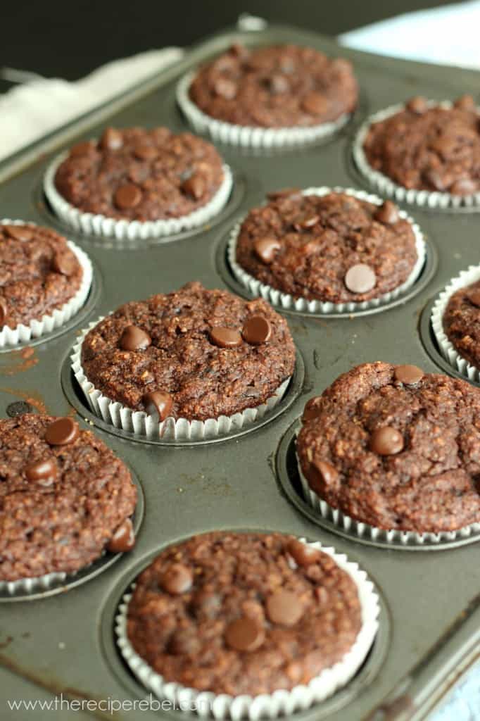 double chocolate banana bran muffins in non stick muffin pan