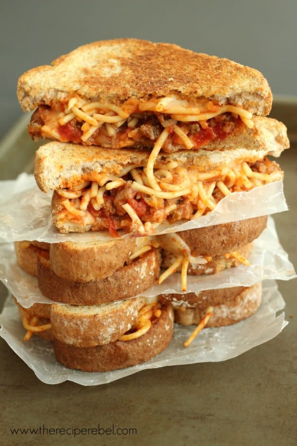 spaghetti and garlic toast grilled cheese stack of four