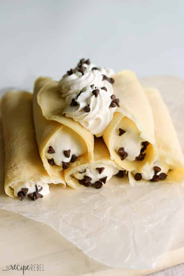 crepes rolled up with sweet ricotta filling and mini chocolate chips