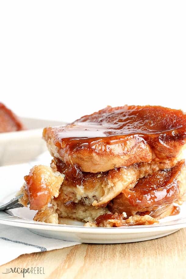 caramel french toast stack with one bite out