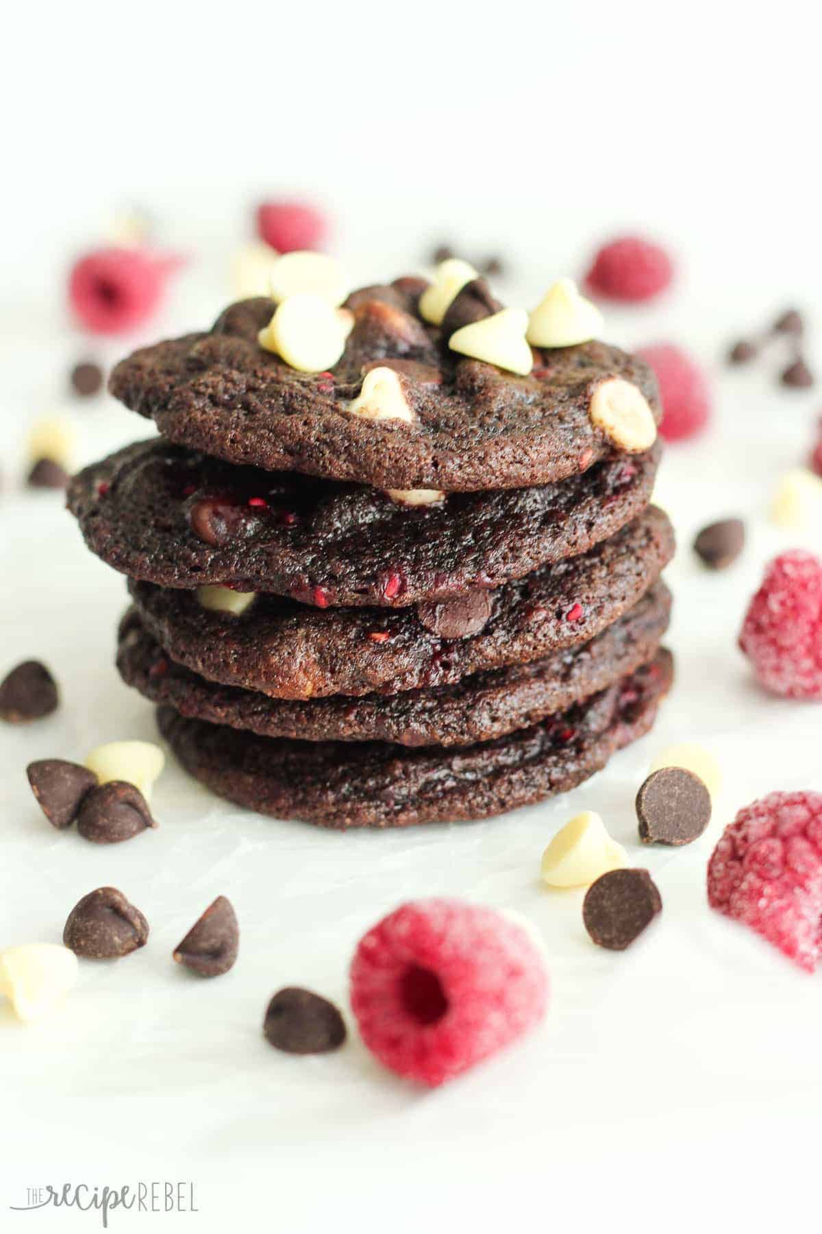 stack of five triple chocolate raspberry cookies with white chocolate and dark chocolate chips