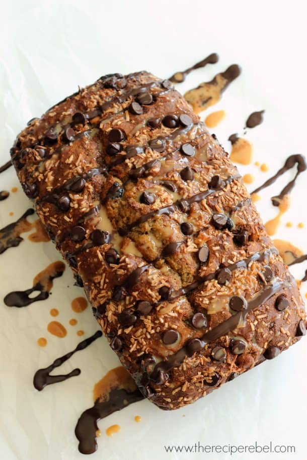 overhead image of samoa banana bread with chocolate and caramel drizzle
