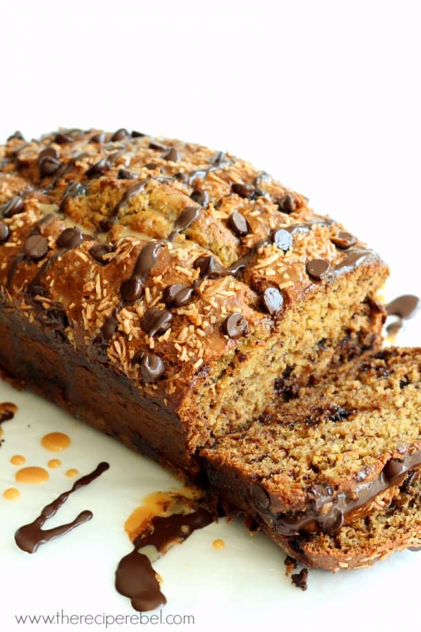 banana bread with toasted coconut chocolate and caramel drizzle