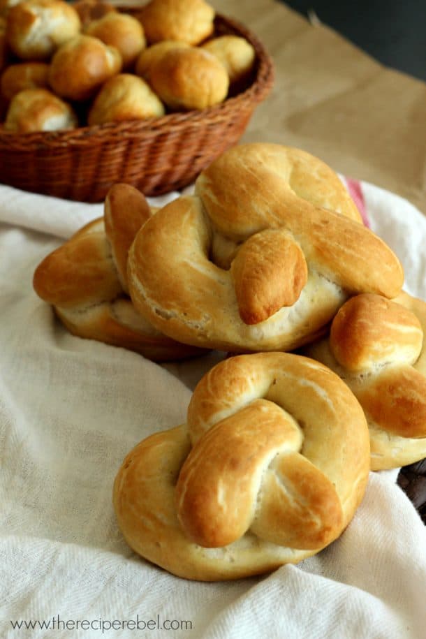 soft pretzels piled on white towel