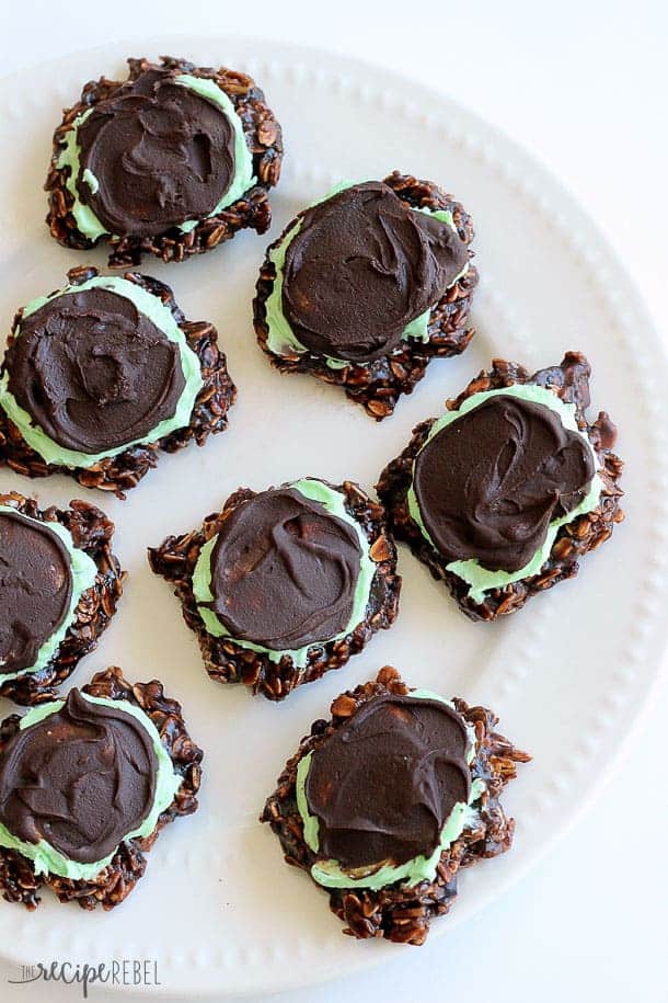 overhead image of white plate with mint chocolate no bake cookies on white background