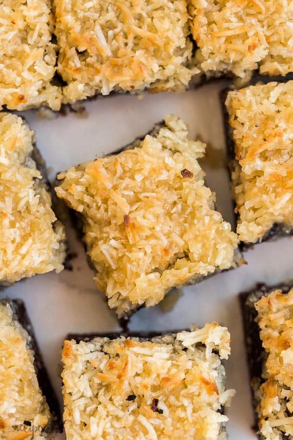 coconut brownies up close overhead image of one square
