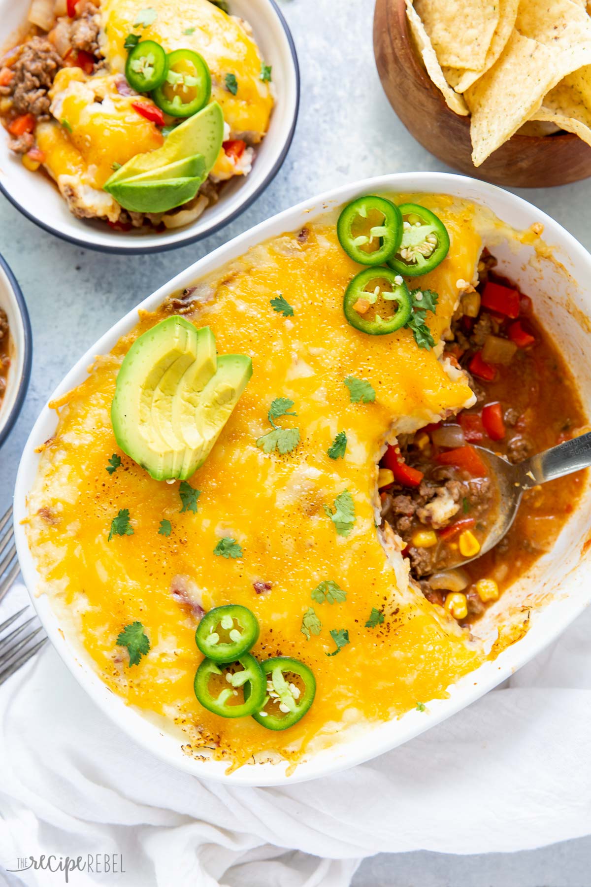 overhead image of mexican shepherds pie in casserole dish
