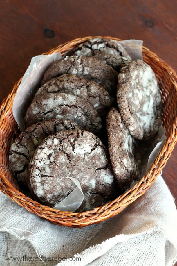 mint chocolate truffle cookies in basket lined with parchment paper