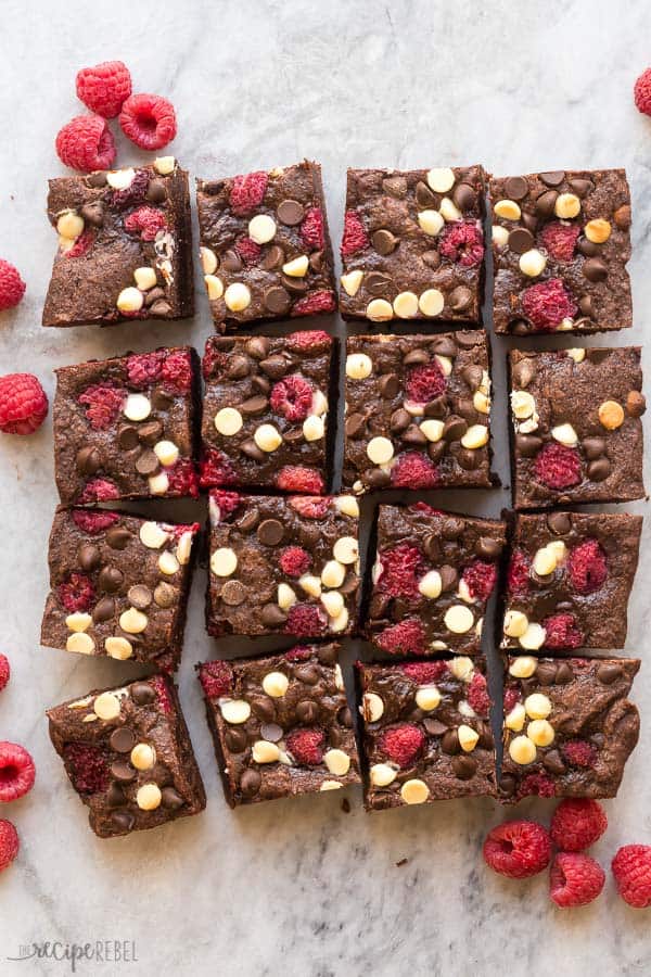 triple chocolate raspberry brownies overhead full pan cut into squares