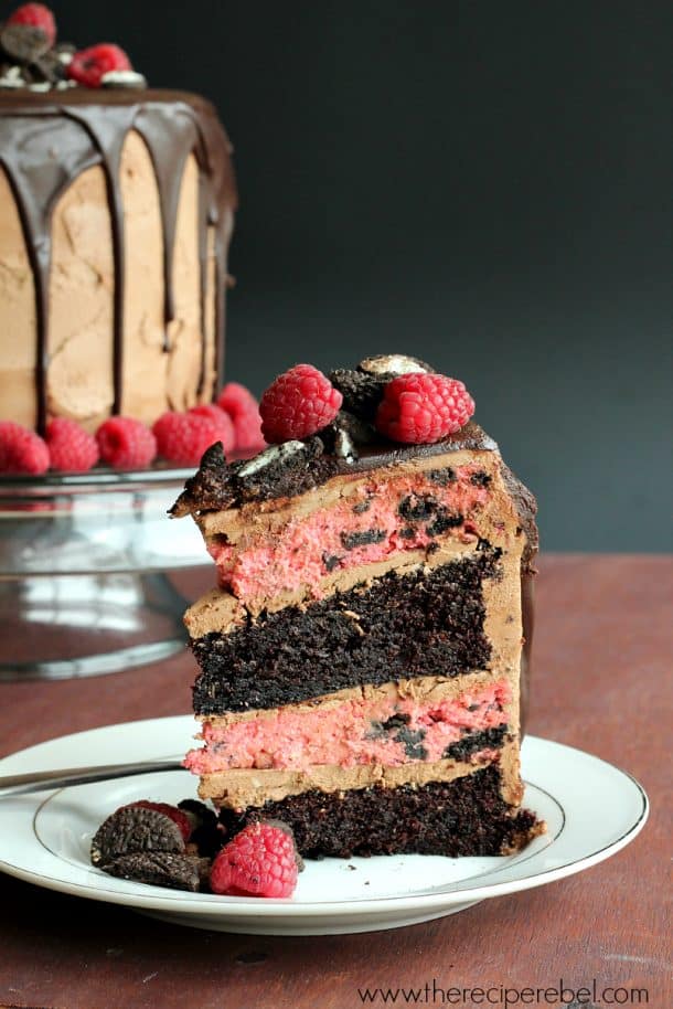 slice of raspberry mocha cheesecake cake on white plate with two chocolate cake layers and two cheesecake layers