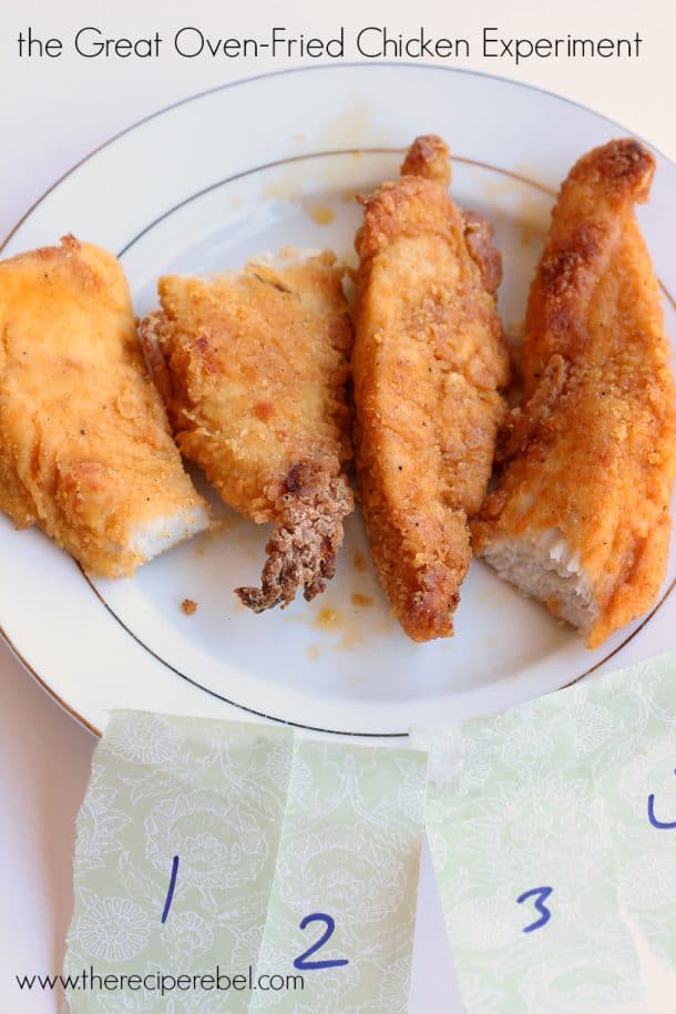 four pieces of oven fried chicken on white plate with numbers one through four