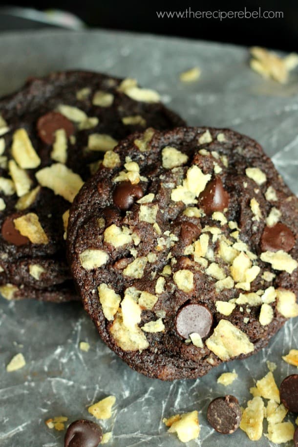 double chocolate potato chip cookies up close