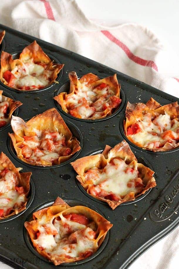 overhead image of pepperoni pizza cupcakes in muffin pan