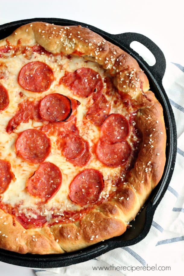 overhead image of pretzel crust pizza in cast iron skillet