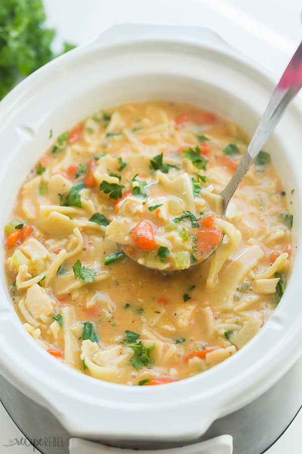 creamy chicken noodle soup in slow cooker