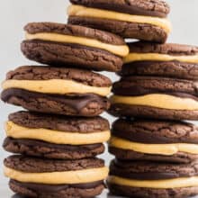 two tall stacks of double chocolate pumpkin oreos