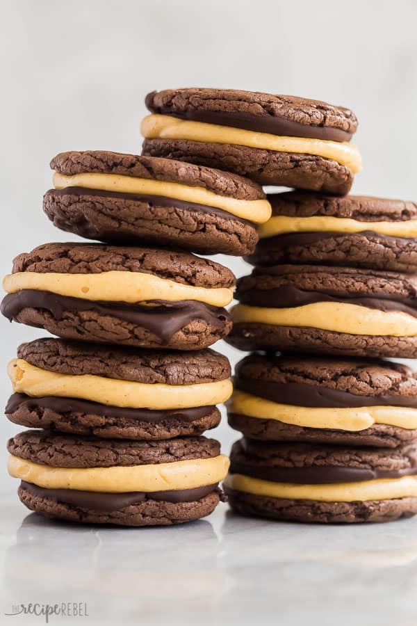two tall stacks of double chocolate pumpkin oreos