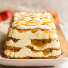 caramel apple icebox cake with whipped cream and caramel drizzle