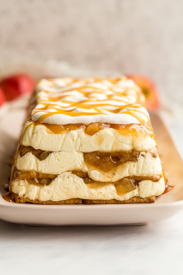 caramel apple icebox cake with whipped cream and caramel drizzle