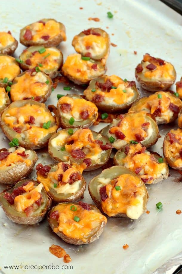 chicken bacon alfredo potato skins on sheet pan lined with foil