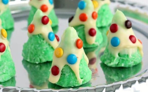 no bake christmas tree cookies on silver platter