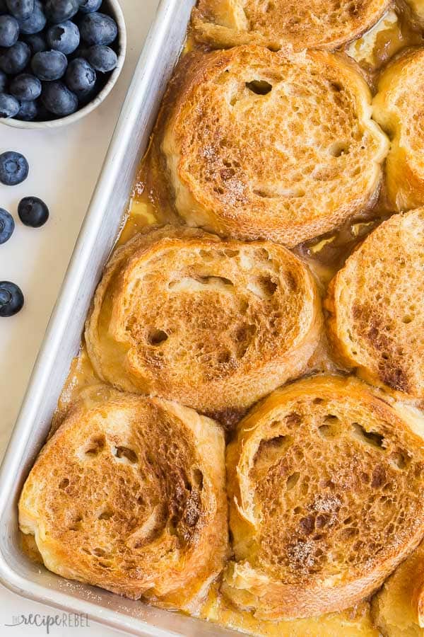 baked french toast overhead close up on sheet pan