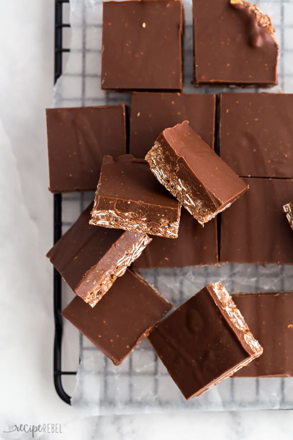 crunch bars cut into squares on baking rack overhead