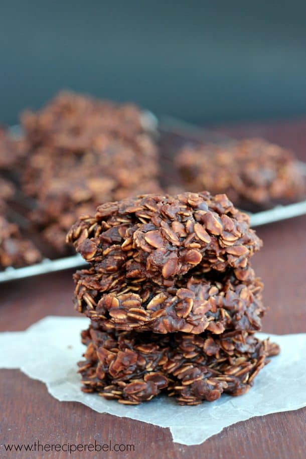 stack of no bake chocolate lentil and oat cookies on a piece of parchment