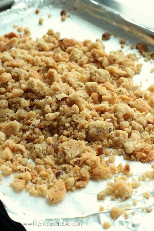 hazelnut and brown sugar crumble on sheet pan lined with foil