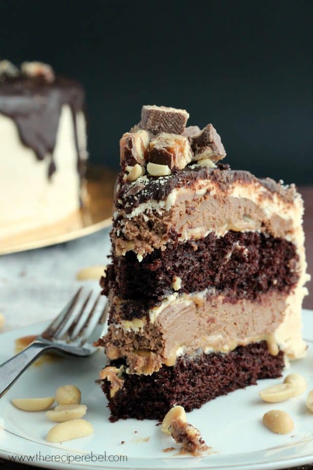 slice of cake with two chocolate cake layers and two chocolate cheesecake layers topped with frosting