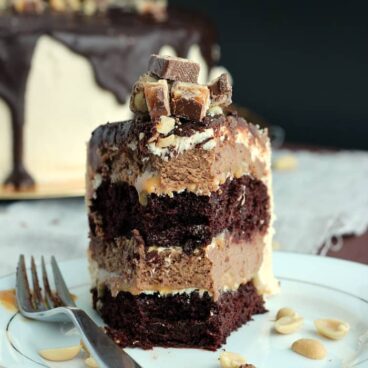 Snickers Cheesecake Cake and a Blog Birthday: two layers of rich, fudgy cake and 2 layers of creamy chocolate peanut butter cheesecake, with peanut butter frosting, caramel, salted peanuts and chopped Snickers bars. Plus a giveaway! www.thereciperebel.com