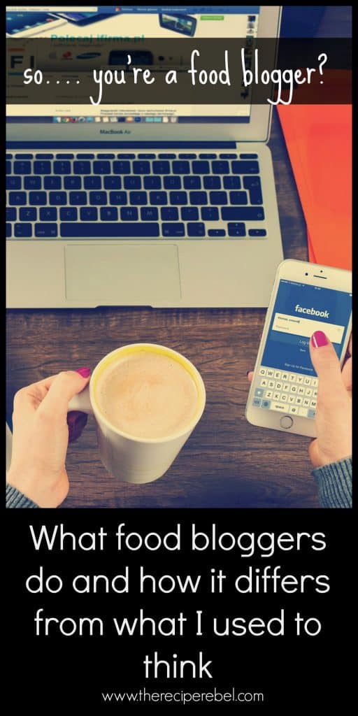 cover image for what food bloggers really do including laptop in front of woman holding a cell phone at a desk