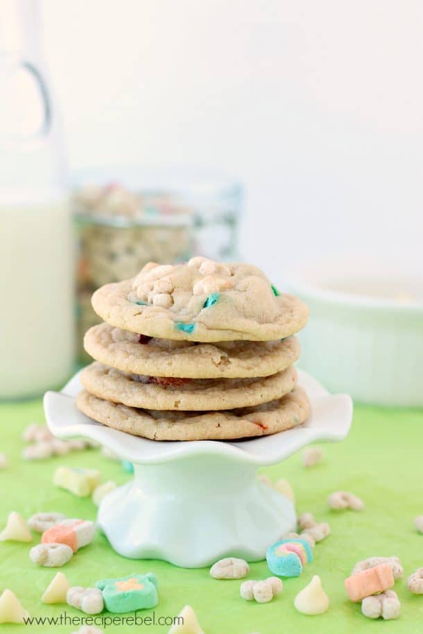 white chocolate lucky charms cookies stack of four on mini white cupcake stand