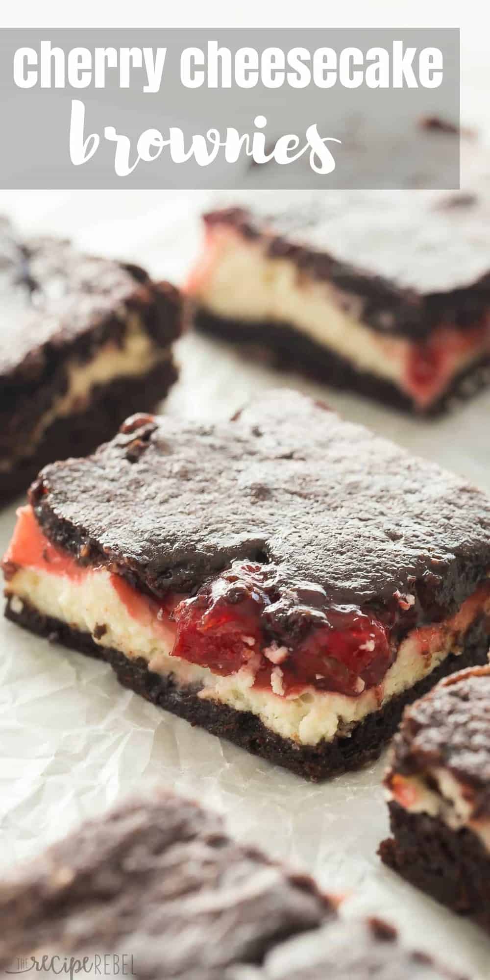 These Cherry Cheesecake Brownies start with fudgy homemade brownies, and are filled with cheesecake and cherry pie filling. They are the BEST brownies! | brownie recipe | dessert recipe | cheesecake recipe | cream cheese | pie filling