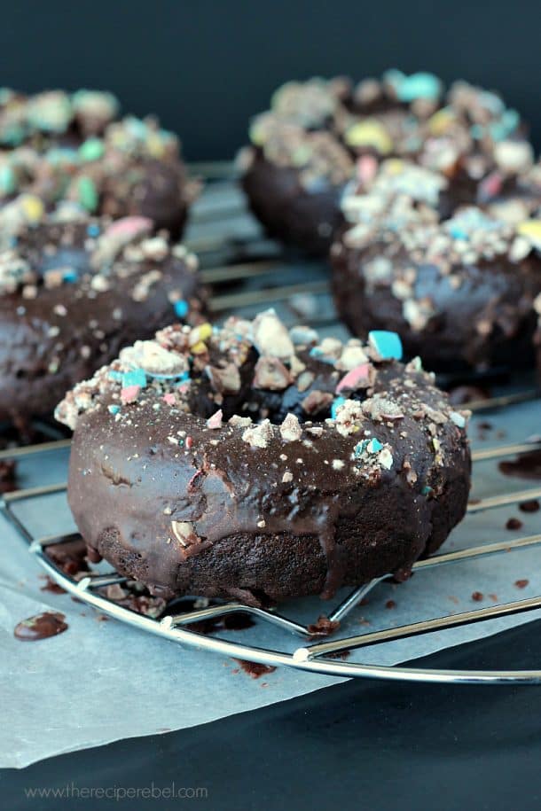 chocolate donut with chocolate glaze topped with crushed candy