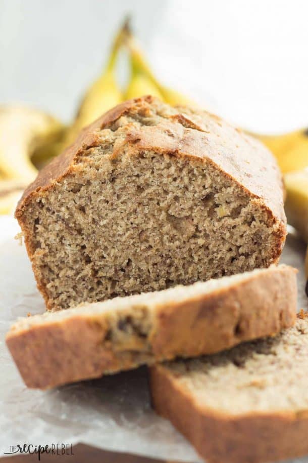 close up image of banana bread loaf with two slices cut