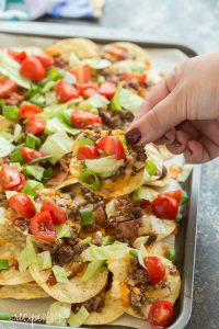 ground beef nachos on a sheet pan