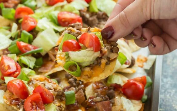 ground beef nachos on a sheet pan